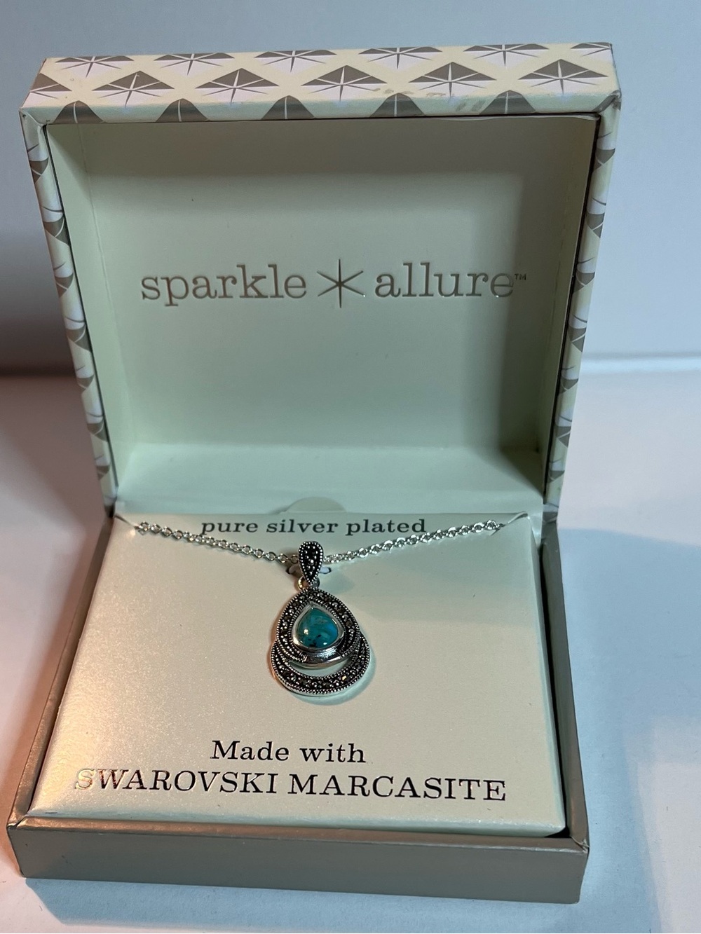 Made w/ Swarovski Marcasite Silver Plated Teardrop Pendant Necklace w/Turquoise